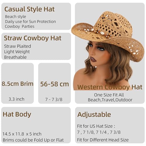 Melesh Straw Cowboy Hat, Western Cowgirl Hat, Wide Brim Sun Beach Hat for Men and Women (US, Alpha, One Size, Khaki-M26) - Image 5