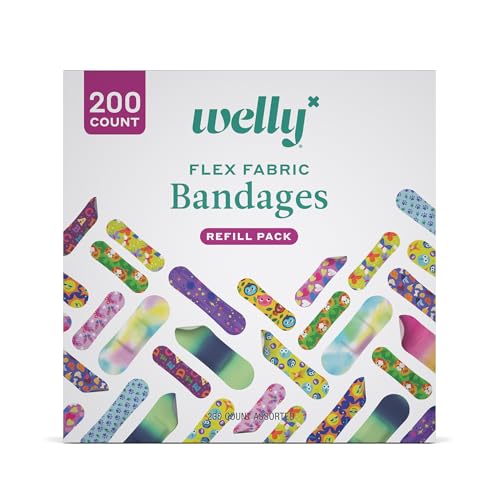 Welly Bandage Refill Ready Pack | Adhesive Flexible Fabric Bandages | Bulk Assorted Shapes and Patterns for Minor Cuts Scrapes and Wounds - 200 Count