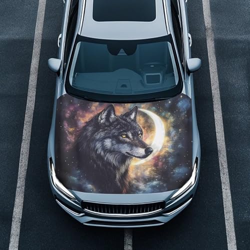 Image of Car Hood Cover Protector,Wear-Resistant Print Hood Covers for Cars,Universal Accessories for Decoration Black Wolf Moon Print Design