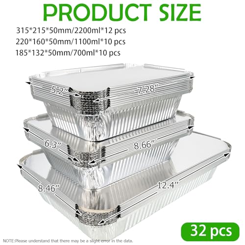 Huhemy 32 Stück Aluschalen Grill,2200ml/1100ml/700ml Alu Grillschalen,Einweg Grillschale Alu mit Deckel,Grill Aluschalen Für Kochen,Rösten,Backen,Braten.