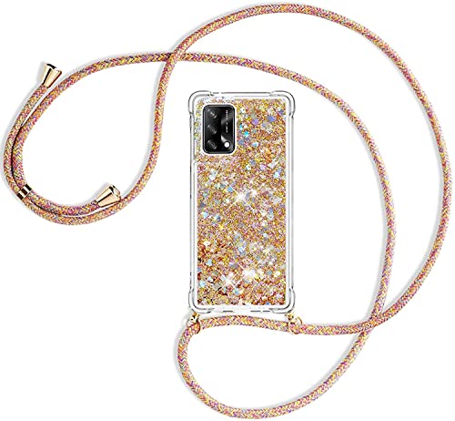 Carcasa Transparente de Silicona con Cordón para OPPO A74 4G/F19,Glitter Cristal Suave Silicona TPU Bumper Protector Carcasa,Ajustable Necklace Case-Dorado Cover