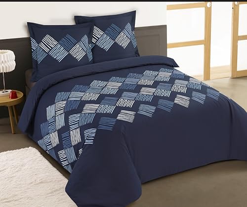 Vision - Parure de lit Nora - 100% Coton - Bleu - Set de Housse de Couette 240x220 cm avec 2 taies d'oreiller pour lit Standard 2 Personnes - Fibres Naturelles...