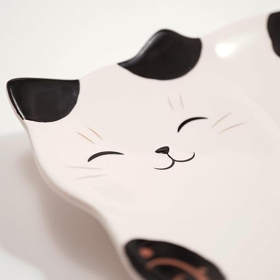 Cat Shaped Ceramic Plate – 6.8 x 5.1 inch Small Japanese Mino Ware Dish for Dessert, Snacks, or Appetizers (Bicolor)