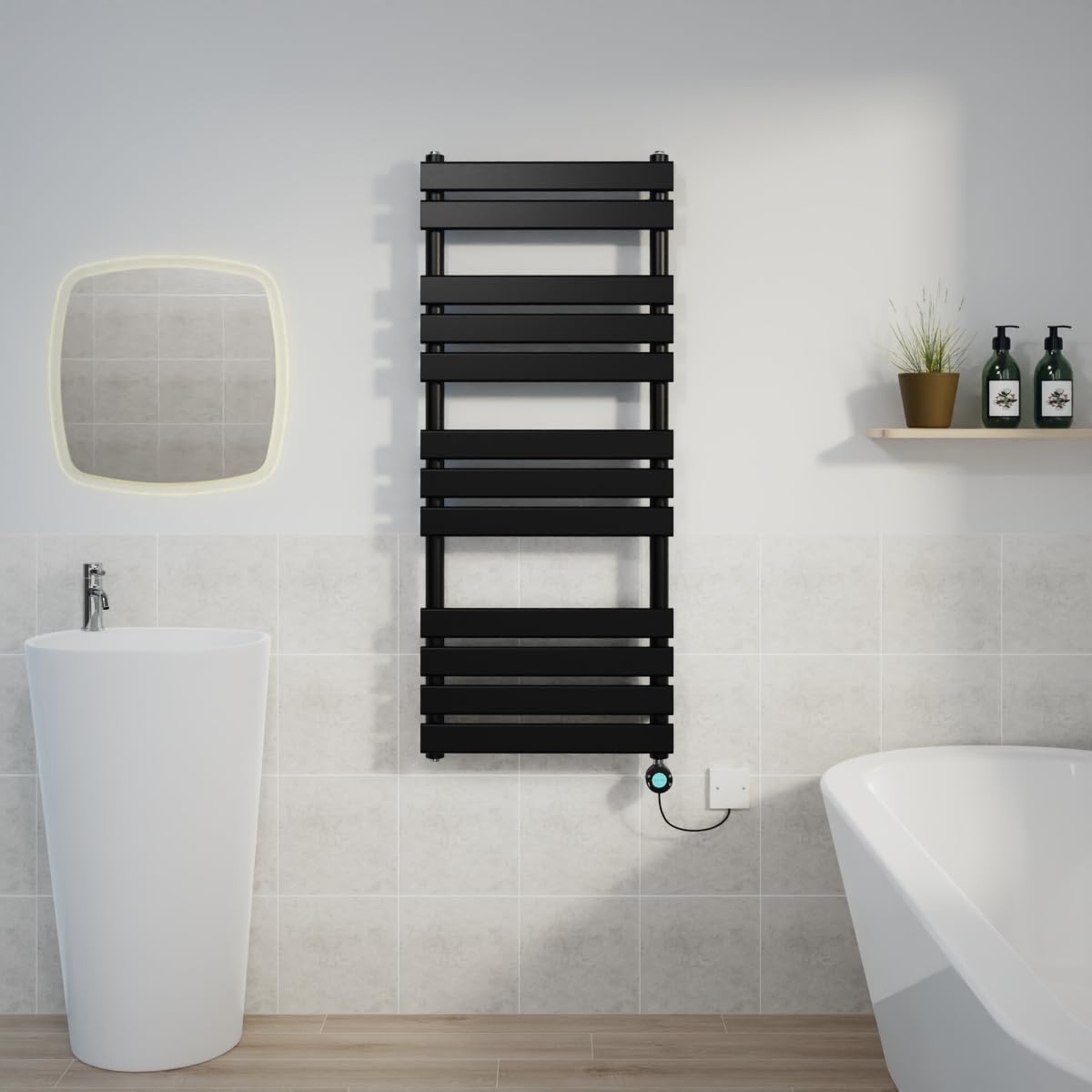 Warmehaus 1200x500mm Black Designer Flat Panel Electric Heated Towel Rail Thermostatic Timer Bathroom Towel Radiator 600W