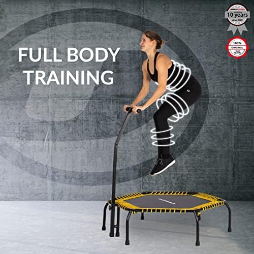 Ultrasport Fitness Trampoline, sports trampoline with strong handle bar and elastic rope suspension for maximum safety, Indoor sport trampoline for home, jumping fitness in two versions: hard or soft