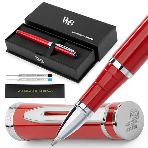 Wordsworth & Black Rollerball Pen - Bolígrafo de Lujo - Acabado en Cromo, Laca Roja, Recarga de Tinta, Recargable, Regalo para Hombres & Mujeres, Escritura Profesional, Bonitos Bolígrafos Elegantes