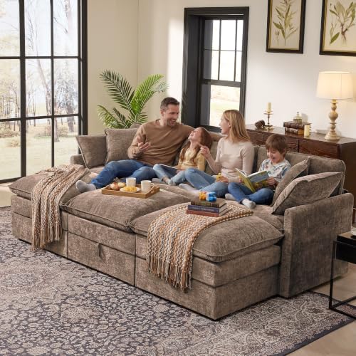 Image of Ihanherry Oversized Sectional Sofa Bed with Storage, 103 inch 6-Seater Modular Cloud Couch with Movable Ottomans, Chenille Deep Seat Sleeper Couches for Living Room (Brown)