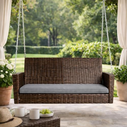Image of Carry Bird Rattan Wicker Two Seater Swings with Cushion, Brown, 120x60x60 cm, Garden Porch Hammock for Adults (Grey Cushion, 2 Seater Prouch Swing, Leather Brown Prouch Swing)