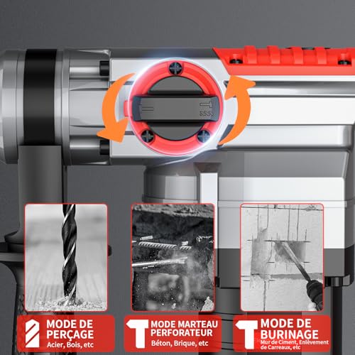 Marteau Perforateur 1500W, SDS-Plus et Rond, 4 Fonction/Perçage, Perçage au Marteau, Réglage de la Position du Burin, Burinage, avec Technologie D'amortissement des Vibration, 4400BPM, 920R/Min – vue 5