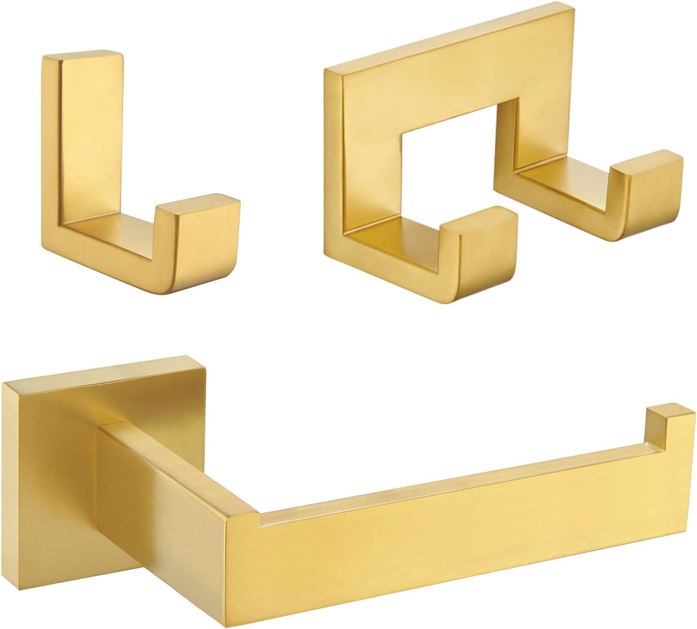 Angle Simple Double Towel Hook Bundle with Single L Shape Robe Hook, Toilet Paper Holder (Brushed Gold)