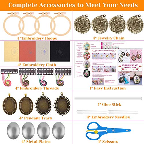 4 Packs Embroidery Kit For Beginners, Shynek 26 Pcs Mini Cross Stitch Kits Includes Stamped Embroidery Clothes With Flowers Pattern Embroidery Necklace Pendant Embroidery Hoops And Necklace Chains #TOP1
