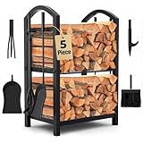 AMAGABELI GARDEN & HOME Firewood Rack Indoor with Tools 5-Piece Fireplace Tools Set Wood Holder Outdoor Wrought Iron Log Holder Heavy Duty Firewood Storage Rack for Fireplace,Fire Pit,Wood Stove Black