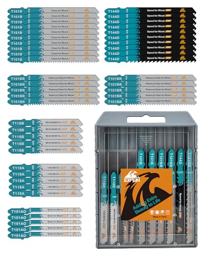 EXFEIN 50-Piece Jigsaw Blades for Metal and Softwood Plywood, T-Shank Jig Saw Blades for Professional Accessory Jigsaw (T118A,T118B,T101AO,T101B,T101BR,T144D)