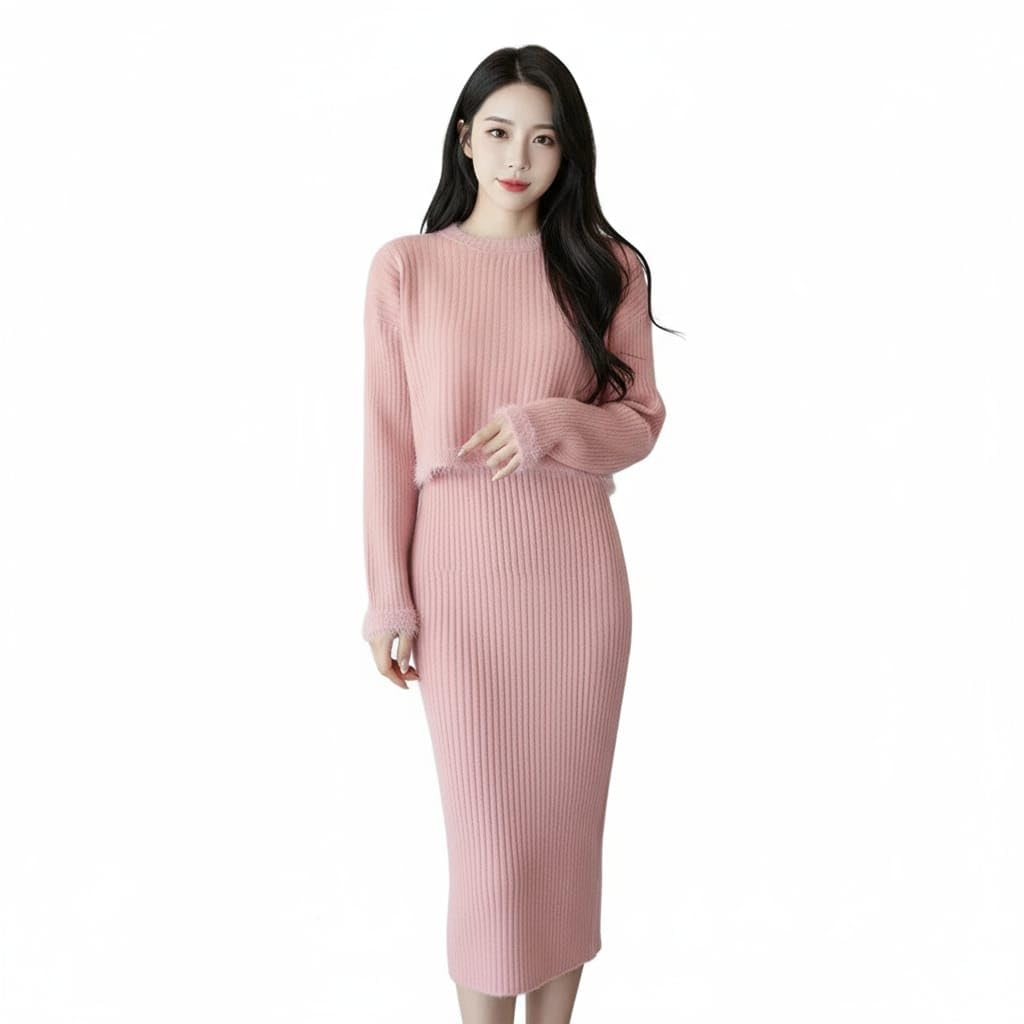 western couture Women's Knitted Two-Piece Set, Pink/Camel, Medium, Premium Imported Knit, Winter Co-ord Set with Cropped Long Sleeve Top and Midi Skirt-picture-20