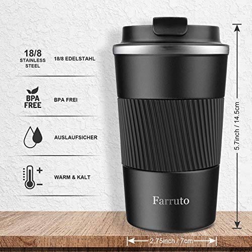 Farruto Taza de Viaje Para Bebidas Calientes - 13 oz 380 ml Tazas de Café aisladas 100% a prueba de fugas de acero… - Imagen 3
