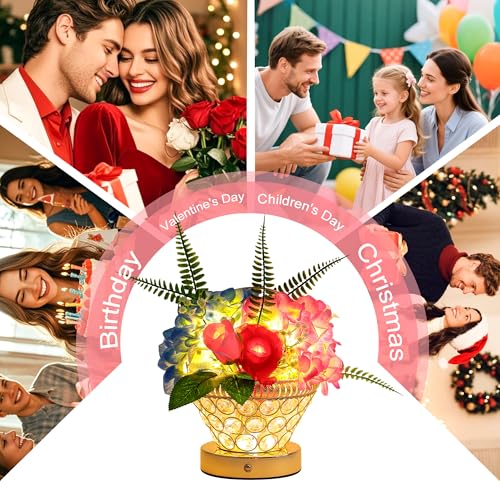 Image of Birthday Gifts for Women, Gift Basket for Mom Blue & Pink Hydrangea Rose Cordless Table Lamp, 3 Color Crystal Lamps Touch Bedside Lamps with USB Charge Small Night Light for Bedroom