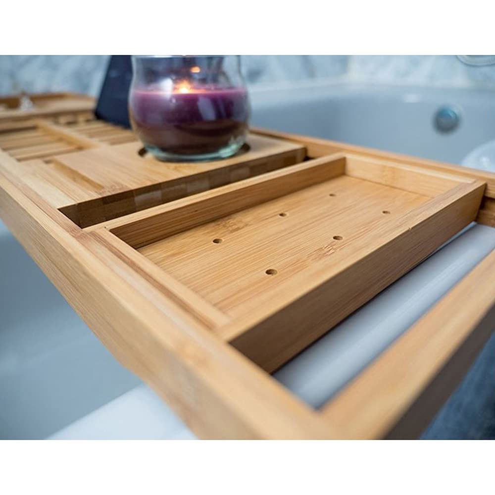 Pont de Baignoire Extensible Bambou,Plateau de Rangement Baignoire Expérience de Spa,2 en 1 Plateau en Bambou Naturel de Baignoire/Lit,avec Support pour Verre à Vin,Livre et Tablette
