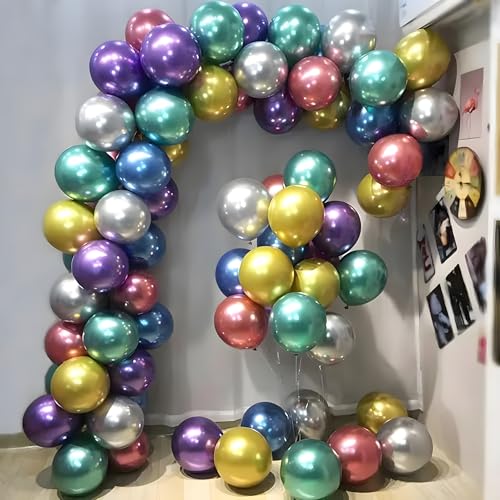 Image of Chrome Metallic Balloons Multicolour 100 pcs Glossy Latex Balloon for Birthday Decoration Kit Wedding, Anniversary Floral Garland 10 Inch Helium Supported