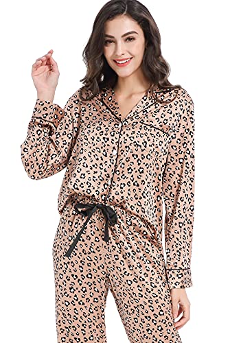 Image of Serenedelicacy Women's Satin Pajama Set Long Sleeve Button Down Sleepwear 2-Piece Silky Pj Set