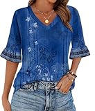 Picture of Zeagoo Women's Puff Sleeve Shirts Casual Dressy Floral Print Loose Fitting Tunics Business Casual Lightweight Tops