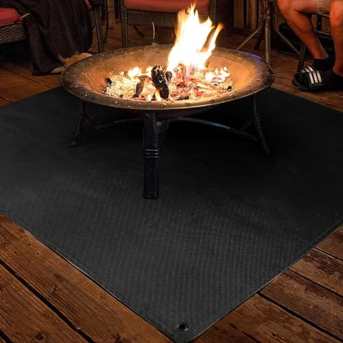Image of Fire Pit Mat - 37.8x39.4in Fireproof Blanket for Under Fire Pit, Compatible with Solo Stove, Heat Resistant Rug for Outside Indoor Wooden Deck Grass Lawn Protection - Black