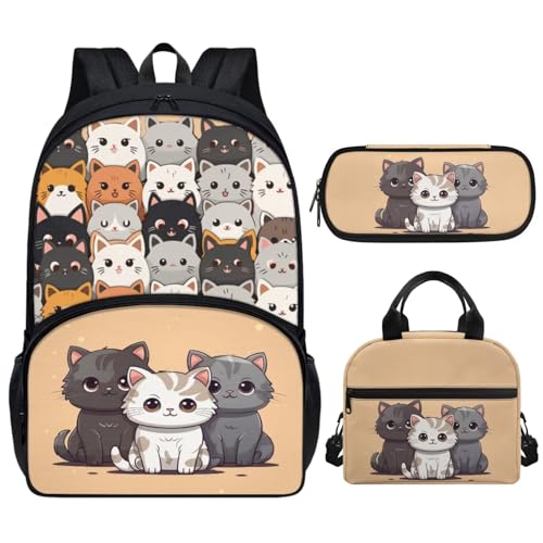 ZOUTAIRONG Mochila 3 en 1 para niñas, diseño de gatitos para la escuela, caja de almuerzo, bolsa para libros, estuche para lápices, bolsa negra de princesas preparadas, para 6-8/10-12/14-16 años