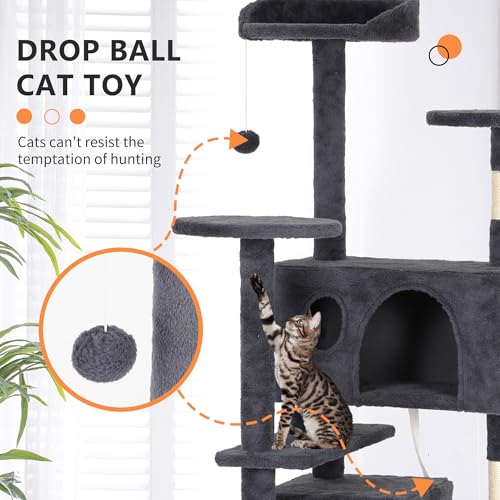 Image of BestPet | 62 inch Cat Tree Tower | Dark Gray | Sturdy Multi-Level Cat Tree