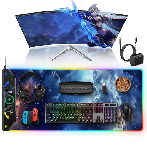 Image of TopMade Wireless Charging Mouse Pad, RGB Gaming Mousepad, 35.4 inch x 15.8 inch Extra Large Waterproof Keyboard Desk Pad, Computer Desk Mat, Blue Nebula (Includes 20W PD Power Adapter & 6.56ft Woven Cable)