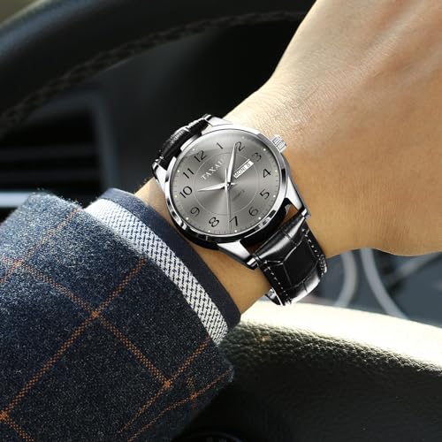 Taxau Mens Leather Watch Luxury Men's Wrist Watches Large Arabic Numerals Analog Quartz Waterproof Watch for Men Date Day Luminous Classic Mens Watch Grey Face Relojes para Hombres — view 3