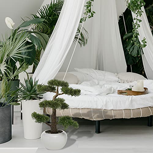 Realistic Faux Cedar Bonsai Tree, Houseplant, White Round Pot, Pebbles, 18.5 H Inches, 3.0 Lbs #TOP1