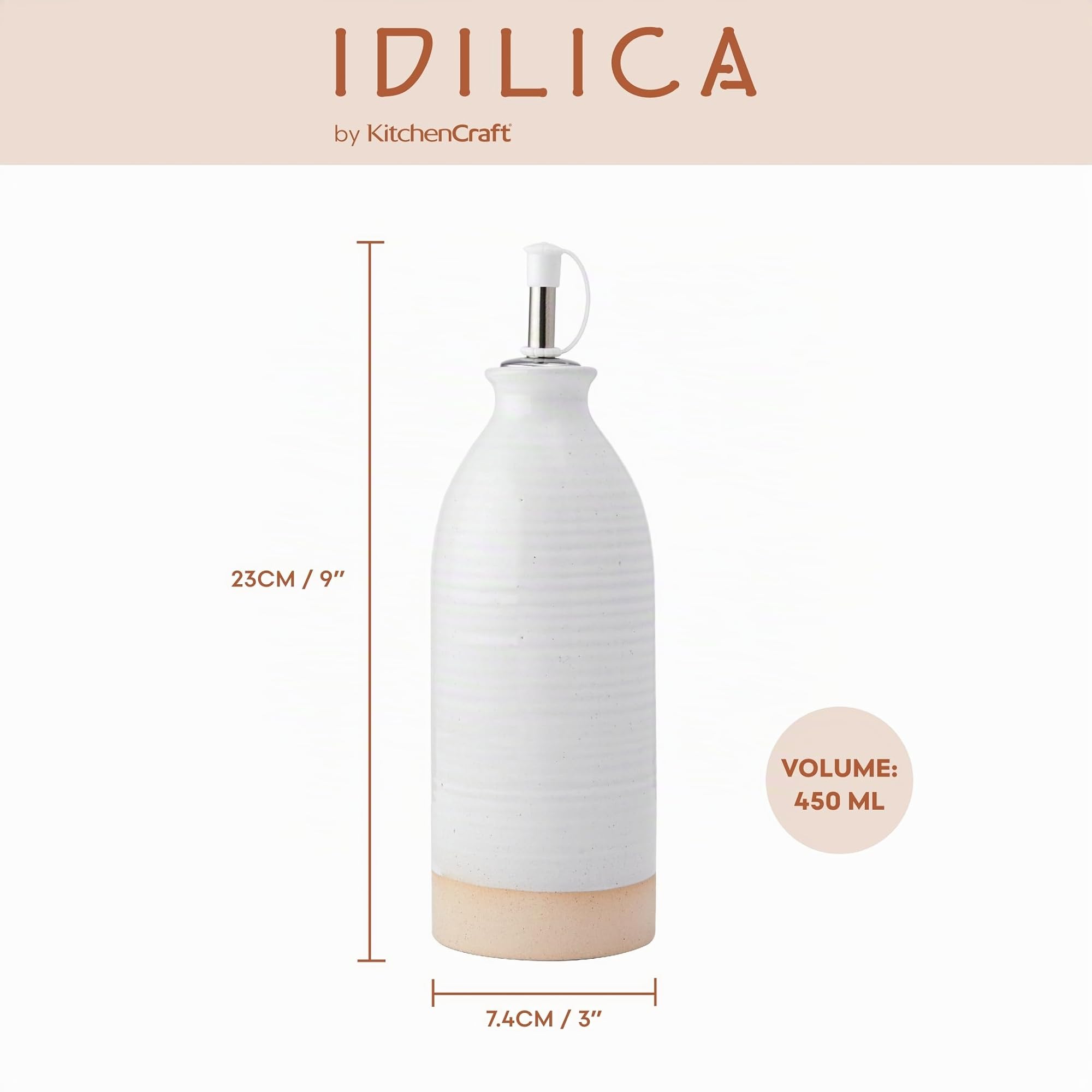 KitchenCraft Idilica Bottiglie per olio e aceto in gres, Set di 2 versatori per olio e aceto in ceramica con base non smaltata, crema, 45ml