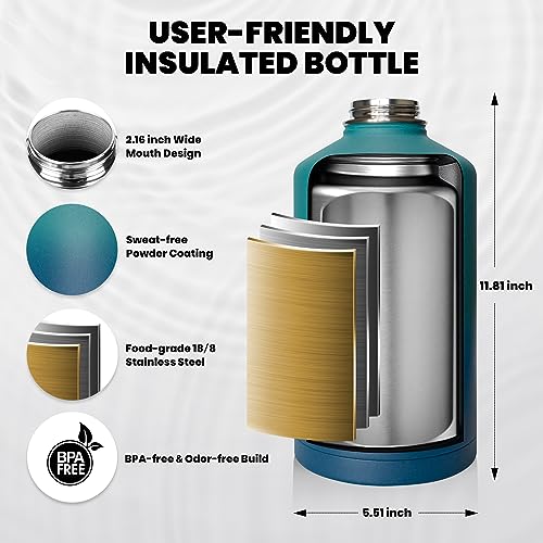 Image of RAYMYLO One Gallon Water Bottle Insulated, Triple Walled Vacuum Stainless Steel (Cold for 48 Hrs), Leak Proof & Non-BPA, Large Water Flask Jug with Paracord Handle & Straw Spout Lids