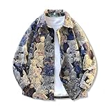 GMOYD Men Loose Fit Bear Print Denim Jacket Unisex Vintage Graphic Streetwear Coat, Blue, X-Large