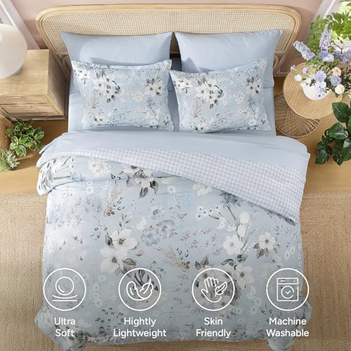 Image of Andency Queen Size 7 Piece Reversible Bed in a Bag - Botanical Floral & Gingham Comforter Set, Farmhouse Vintage Rustic Comforter,Light Blue