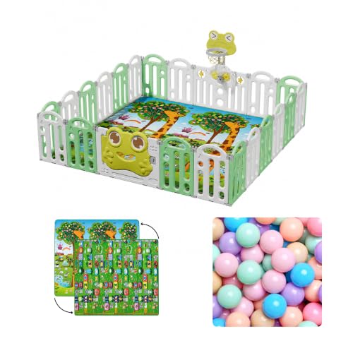 Image of Kids Station Large Baby Play Yard with Playmat & 20 Balls, Frog Theme, Safe & Foldable Playpen for Infants & Toddlers 180 * 200, Soft Mesh Sides, No Sharp Edges, with Basket Ball Hoop (Green)