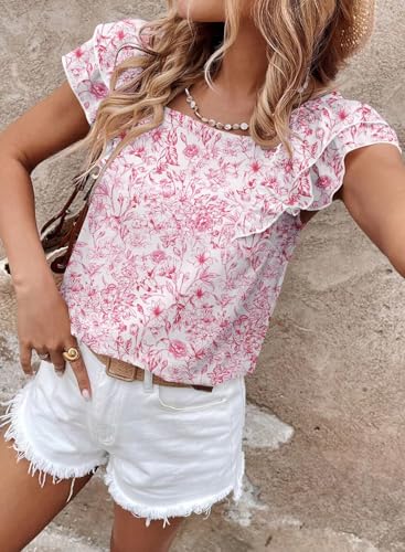 Image of Falechay Womens Bow Tie Back Tops Round Neck Ruffle Short Sleeve Shirts Cute Babydoll Chiffon Tee Women Summer Trendy Tunic