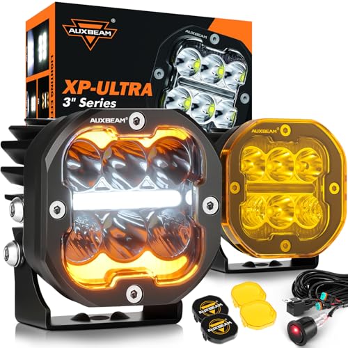 Auxbeam XP-Ultra Series 3Inch 84W LED Pods, DRL & Turn Signal Multi Modes Amber White Light Bar, 9600LM Spot Flood Combo Ditch Lights, Yellow Fog Offroad Cube Lights with Covers, Pair