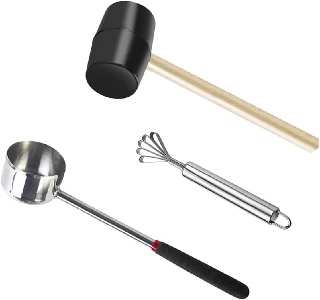 SHOWERORO Stainless Steel Coconut Shell Opener Set Practical Kitchen Gadget for Easy Coconut Opening Includes Hammer and Meat Scraper for Home and Fruit Shop Use
