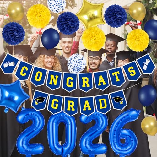 Image of 2026 Graduation Banner Party Decorations Blue and Yellow, Congrats Grad Banner and 2026 Graduation Foil Balloons for Blue and Yellow Congratulations 2026 Graduation Party Decorations
