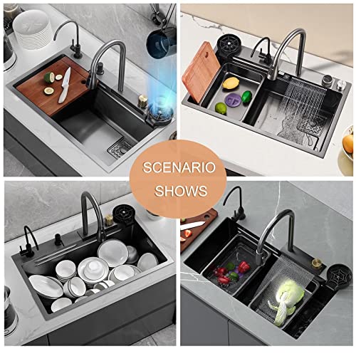 Évier de cuisine moderne noir à cuve unique en acier inoxydable avec robinet cascade