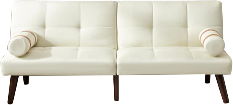 Convertible Sofa Bed Futon Linen Sleeper Couch with Adjustable Backrests Soild Wood Legs for Bedroom Living Room White