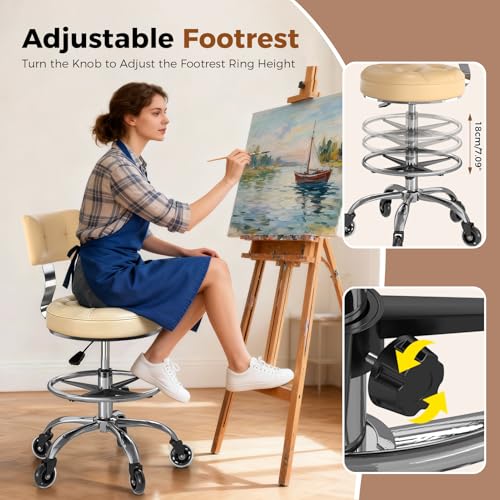 FREEKYROCK Office Drafting Chair with Footrest, Tall Height Adjustable Stool with Back Support, Heavy Duty Rolling Stool Chair with Wheels for Office Home Kitchen Bar Shop Guitar Studio Vanity, White by FREEKYROCK - Image 6