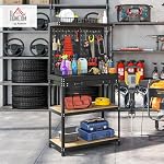 HOMCOM Workbench with Pegboard, Heavy Duty Steel Work Bench, 31.5" x 16" Workstation with 14PCS Hanging Kits, 2 Lower Shelves and Large Drawer for Garage Warehouse Workshop, Black