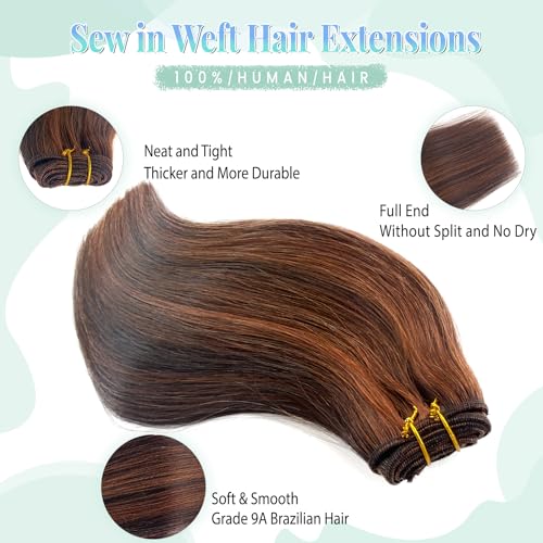 Image of Aubrun Brown Highlights Weft Hair Extensions Human Hair Weave Extensions Dark Brown Balayage Auburn Brown Highlight Sew in Hair Extensions Real Human Hair Wefts 20 Inch Hair Wefts Weave Bundles 100G