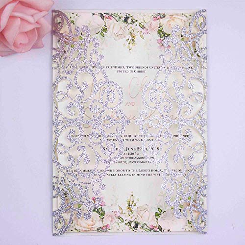 50 pcs 250GSM Silver Glitter Wedding Invitations Cards Laser Cut Pocket Covers only, no envelope,no insert 5x7
