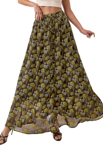 PRETTYGARDEN 2026 Summer Maxi Long Skirts for Women Trendy Boho Floral High Waisted Slit Flowy Travel Beach Vacation Clothes (Floral Brown Light Green,XX-Large) — view 5