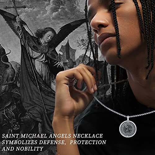 St Michael Necklace for Men Women Sterling Silver Archangel Saint Michael Medal Pendant Necklace Protection Catholic Religious Jewellery for Father Boyfriend Husband Birthday Gift, 22 inch