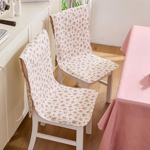 Image of HOMETHREADS Premium Cotton Chair Cover Set | Soft & Comfortable Seat Covers with Anti-Skid Non-Slip Backing + Waterproof Dining Table Cover(140x220 cm) (Beige Multi, 6 Chair Covers + 1 Table Cover)