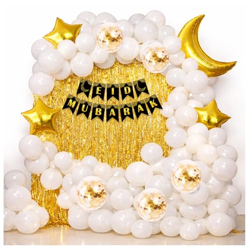 Image of Rozi Decoration Star & Moon Balloon Eid Mubarak Celebration Combo kit foil Curtain Banner with Glue Dot & Arch to Decor Home Office School 92 pcs (White)