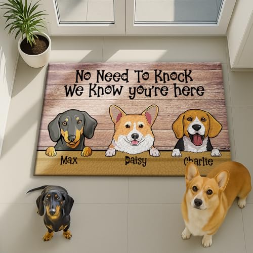 Personalized Welcome Doormat with Custom Dog Names – Cartoon Breed Illustrations – Durable Non-Slip Polyester Outdoor Rug Vibrant Fade-Resistant Colors – Ideal Housewarming Gift Indoor Sheltered Use